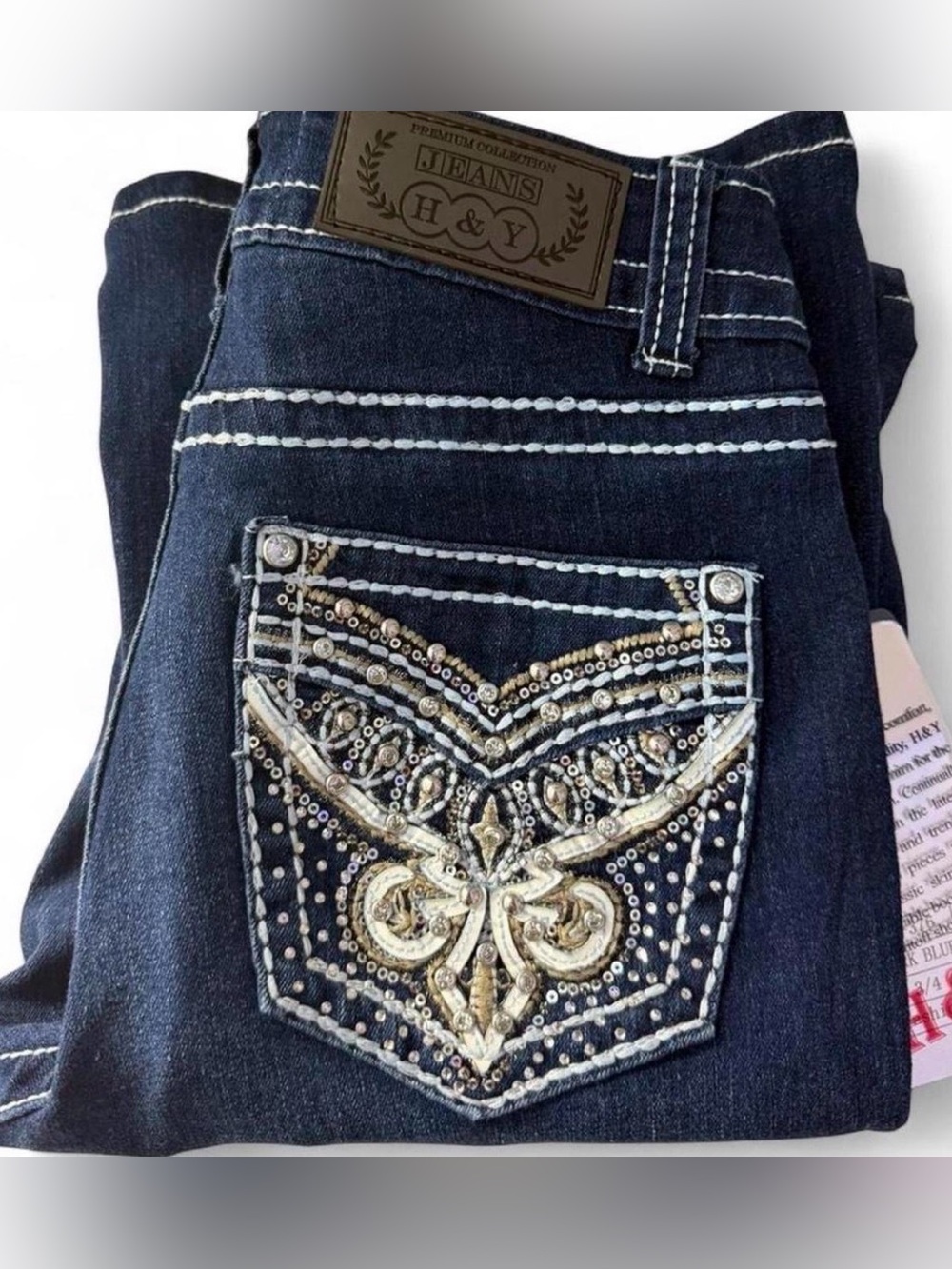Dark Blue Boot Cut Jeans with Embellished Pocket